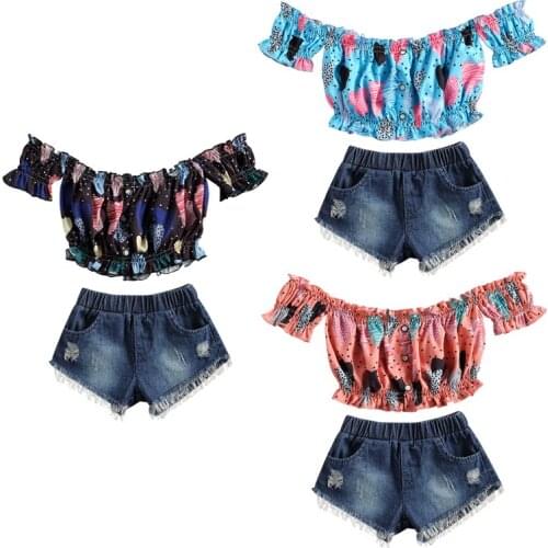 1-5Y Newborn Kids Baby Girls Clothes Suit Floral Off Shoulder Top+Denim Shorts Infant Children Clothes Summer Set