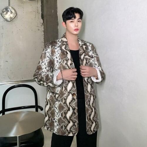 Men Autumn Winter Snake Print Leather Blazer Suit Jacket Vintage Fashion Streetwear Male Suit Coat Outerwear Stage Clothing