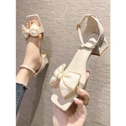 One Word Buckle Square Heel Sandals Summer New Sweet Bow Knot All-Match Mid-Heel Womens Shoes