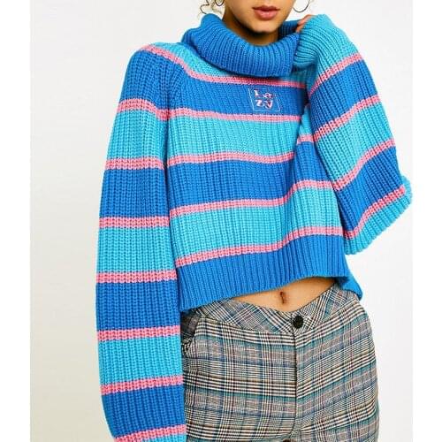Bright Striped Turtleneck Sweater with Embroidery Lazy Oversized Pullovers Warm Jumper Knit Top Women Girl Harajuku Streetwear