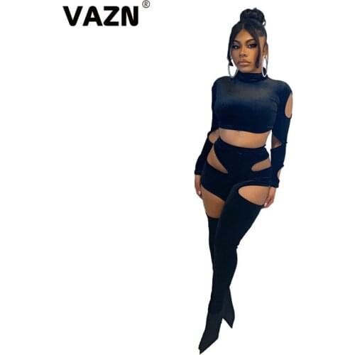 VAZN 2021 Special Sexy O-neck Two Piece Set Hollow Out Solid 2 Piece Set Women Long Sleeve Top And Pant Autumn