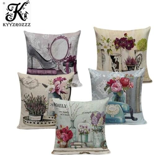 Vintage Flowers Cushions Cover Peach blossom Home Decor Linen Cotton Pillow Cover Decorative Pink Blue Throw Pillows Pillowcase