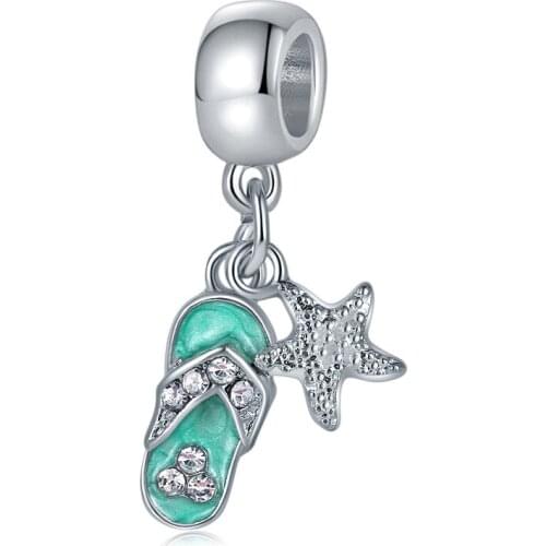 2020 New Original Alloy Bead Blue Sandals Starfish Dangle Charm Travel Summer Beach Fit Bracelet Bangle DIY Women Jewelry