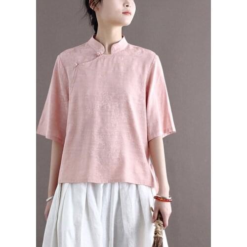 Johnature Summer Chinese Style Shirts And Tops For Women Stand Half Sleeve Blouses Jacquard 2021 New Button Vintage Shirts