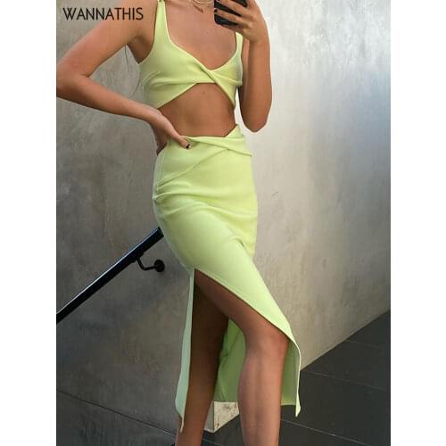 WannaThis Two Piece Set Women Summer Ankle-Length Skirts Women Crop Top Sexy Party Outfit Elegant Solid Hollow Out Skirts Sets