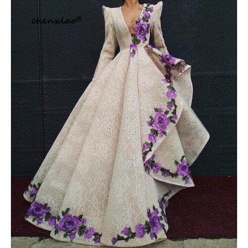 Vestido de festa Evening Dresses Long Lace Appliques Deep V-Neck Full Sleeves Evening Dress Formal Gowns Vestidos de festa