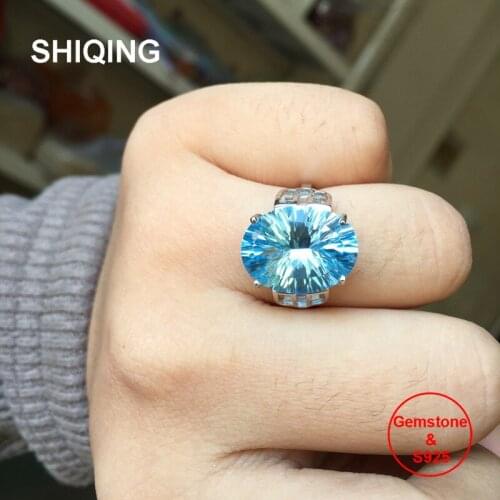 SHIQING 100% Nature topaz 925 sterling silver high quality vintage oval big gemstone ring for women