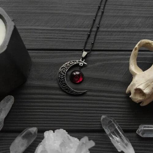 Witch Goth Crescent Moon Necklace Dark Style Red Moon Pendant Wiccan Style Macabre Amulet Halfmoon Luna Statement Jewelry Women
