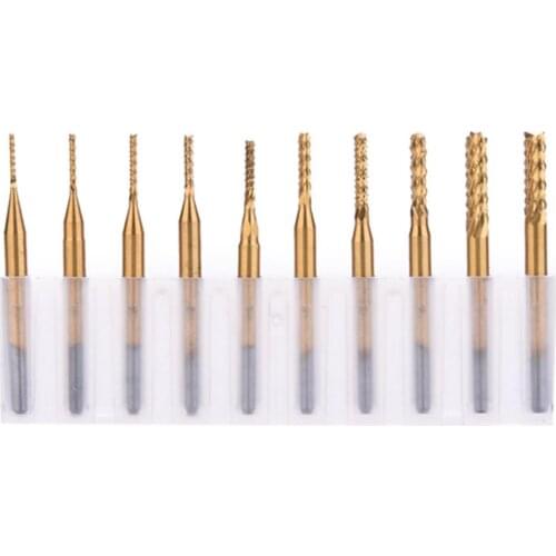 10PCS/Lot PCB Titanium Plating Drill Bit 0.8mm to 3.175mm Engraving Cutter Rotary CNC End Mill Tap Tools Set