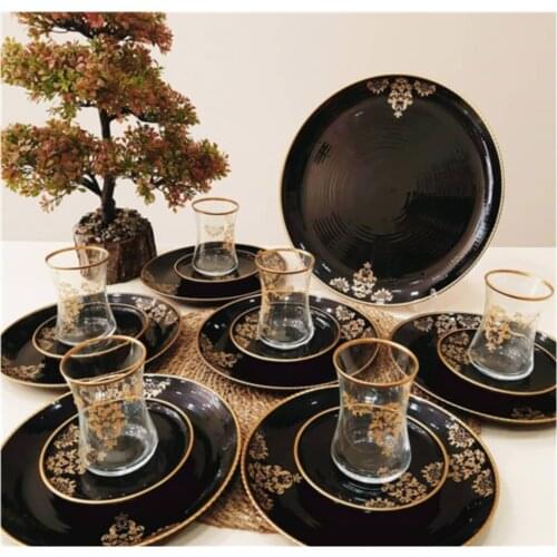 19 part Gold Black Dish 6 Personality Tea Cake Kit Authentic Nostalgic Original Vernacular