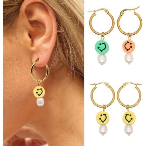 2021 Korean Cute Smile Pearl Gold Plated Hoop Earring Stainless Steel Smiley face Drop Dangle Earring for Women Fashion Jewelry