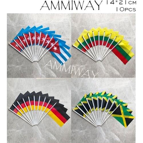 AMMIWAY 14x21cm 10pcs Cuba Lithuania Polyester Printed National Hand Flag Germany Jamaica Hand Flags and Banners With Flag Poles
