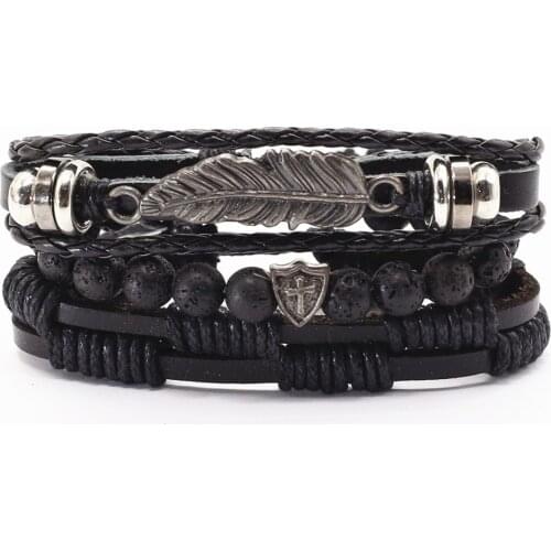 Bronze Alloy Feather Shield Charm Wood Volcanic Stone Beads Wrap Leather Bracelets Men Women Homme Femme Male Gift Jewelry
