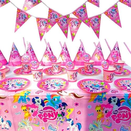 My Litty Pony Cartoon Party Supplies Pony Party Paper Straw Plates Cups Kids Girls My Litty Pony Birthday Decor Party Tablecloth