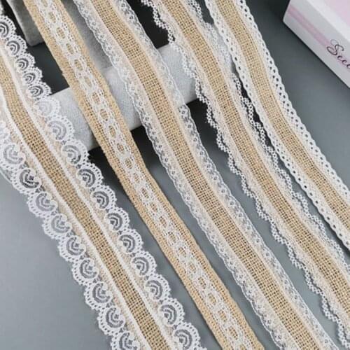 2Meter/Lot 25mm Natural Jute Burlap Hessian Lace Ribbon with White Lace Trim Edge Rustic Vintage Wedding Centerpieces Decor