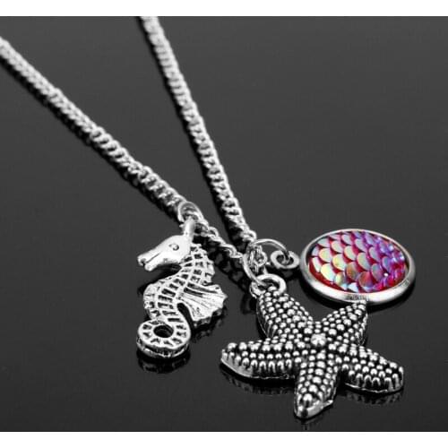 Dongsheng Fashion Jewelry 4 Colors The Little Mermaid Inspired Necklace Starfish Fish Scales Cabochon Glass Pendant Necklaces