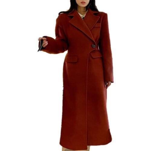Elegant French style woolen coat women notched one button x-long autumn winter overcoat