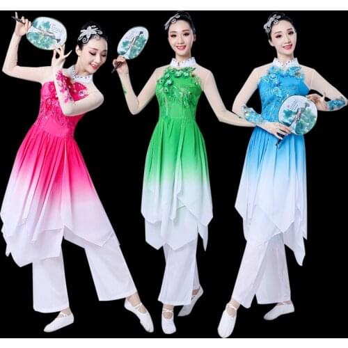 Classical Yangko Dance Performance Costume Female Adult Jasmine Dance Dress Elegant Umbrella National Dance Ancient Costume