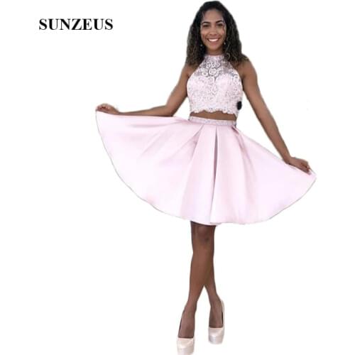 Crop Top Two Piece Homecoming Dresses Pink Lace Prom Dresses Knee Length Short Graduation Gowns Open Back Cocktail Dresses