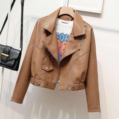 Spring Autumn Faux PU Leather Short Jackets Women Loose Zipper Streetwear Beige Black Leather Biker Leather Jacket Women C7686
