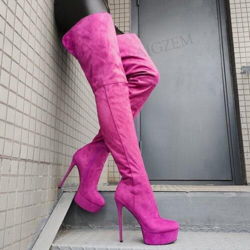 LAIGZEM Women Over Knee High Platform Boots Faux Suede Thin High Heels Boots Female Zapatos Botas Mujer Big Size 42 44 48 50 52