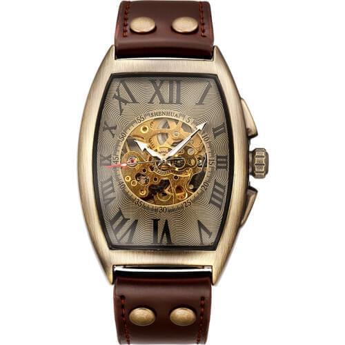 Transparent Skeleton Automatic Mechanical Watch Men Top Brand Luxury Genuine Leather Band Self Winding Mens Retro Watch Clock