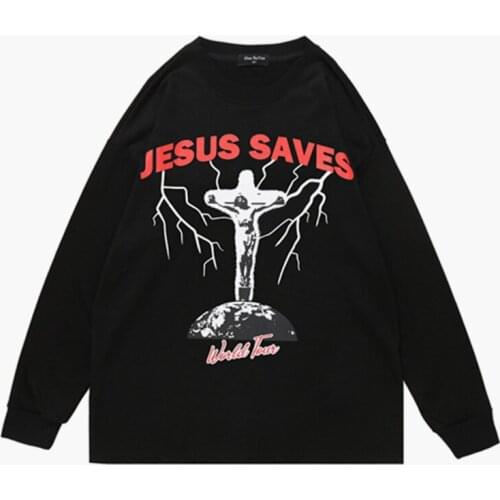 2021 Autumn Jesus Graphic Print Kpop Cotton Men Hip Hop Pullover Sweatshirts Long Sleeve Loose Tshirt Gothic Clothes Sweat Homme