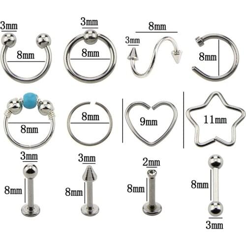 12Pcs/set Different Style Nose Hoop Ear Rings Set Piercing Body Jewelry Tragus Cartilage Earrings