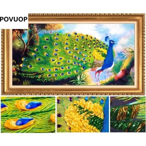 POVUOP 3d intergards ribbon embroidery 110X65cm large paintings millenium peacock lucky cross stitch