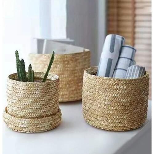 Handmade Straw Woven Storage Basket With Lid Snack Organizer Storage Box Laundry Baskets Rattan Storage Flower Basket