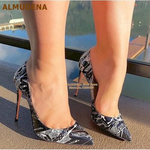 ALMUDENA Letters Graffiti Painting High Heel Shoes 12cm 10cm 8cm White/black Patent Leather Patchwork Dress Shoes Printed Size45