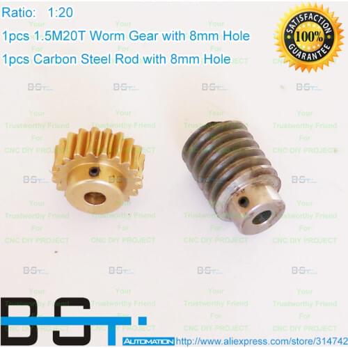 Reduce Transmission Part Ratio:1:20 1.5M 20 Teeth Copper Worm Gear with 8mm Hole + Carbon Steel Rod with 8mm Hole