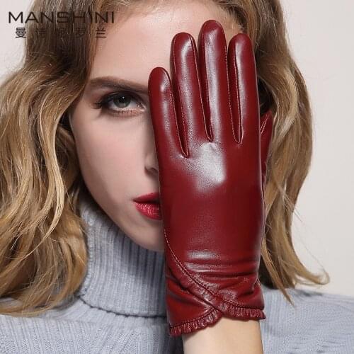 Womens winter warm touch screen sheepskin Gloves add velvet fashion short genuine leather woman telefingers gloves 038