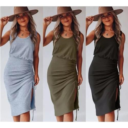 Women Casual Solid Sleeveless Midi Dress O Neck Split Drawstring Design Workout Beach Grey Summer Dress Holiday Black Dresses