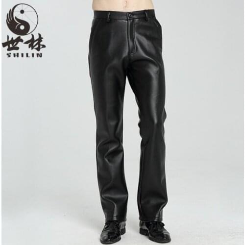 Winter warm personality fashion motorcycle faux leather pants mens feet pants Plus velvet thick waterproof pu trousers for men