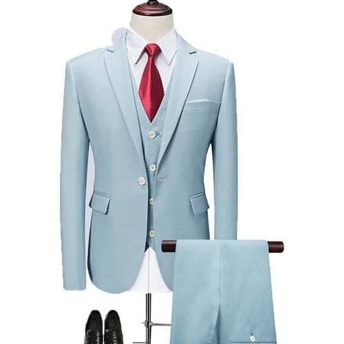 2020 New Baby Blue Mens Suit 3 Pieces Business Notch Lapel Classic Tuxedos Groomsmen For Wedding(Blazer+Vest+Pants)