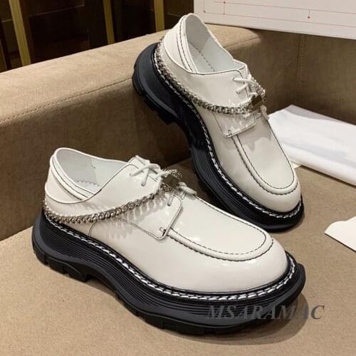 White Lolita Girls Metal Chain Platform Lace-up Casual Shoes Shoes Genuine Leather Round Toe Female Derby Shoes Party Shoes