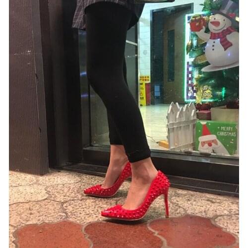 2019 Fashion free shipping black spike Patent Leather Poined Toe Stiletto Heel high heel shoe pump HIGH-HEELED SHOES dress shoes