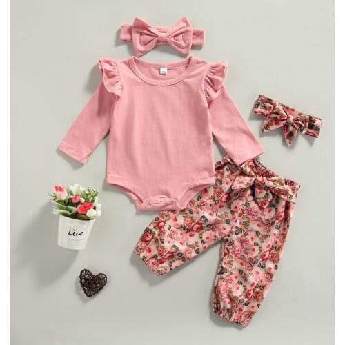 Kids Suit Set,Baby Girls Clothes Solid Color Round Neck Long Sleeve Romper+ Floral Print Trousers+ Headband for Toddler
