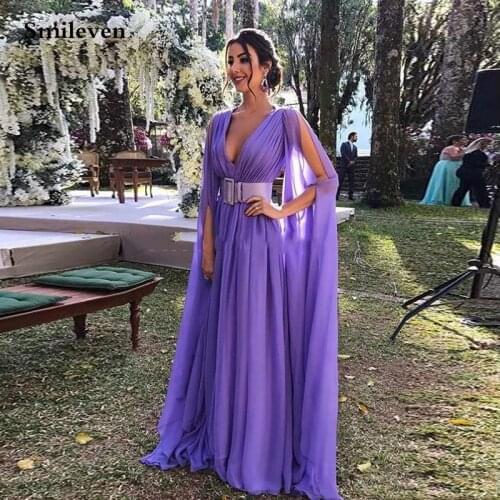 Smileven Pakistan Formal Evening Dresses Sexy V Neck Chiffon African Prom Gowns With Sash Formal Party Gowns Long
