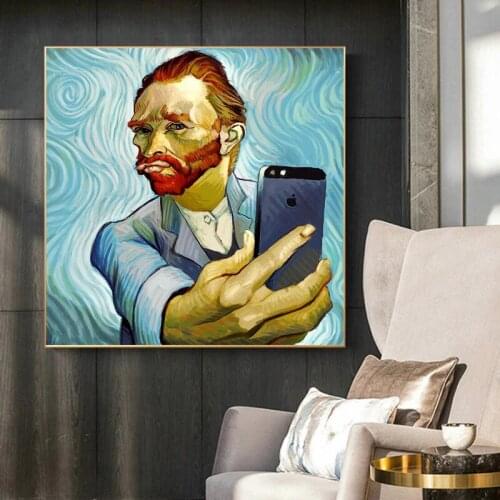 Funny Van Gogh Selfie By phone Canvas Painting Abstract Portrait Poster and Print Wall Art Pictures for Living Room Decor Cuadro