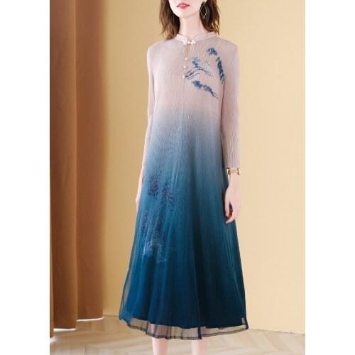 HOT SELLING Fashion fold Nine points sleeve Chinese style retro printing sequined Net Yarn dress IN STOCK
