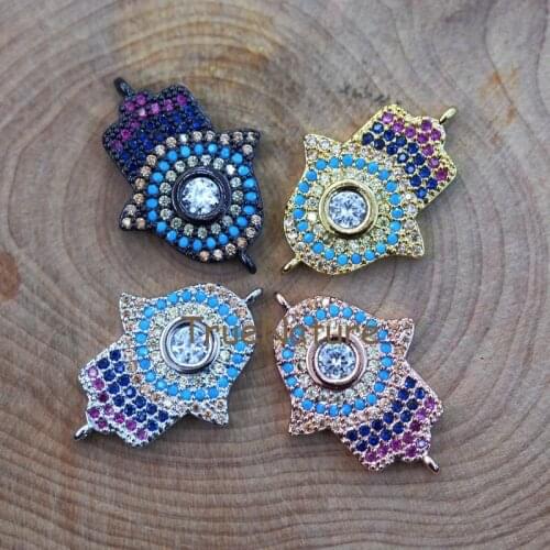 Mosaic Hamsa Bracelet Connectors Colorful Zircon Paved Charms Zircon Beads Hand Evil Eye Pendant In 23.6*16.3 mm PC6432