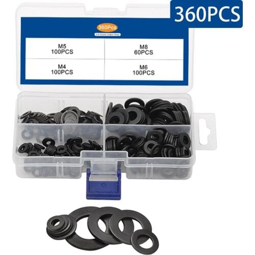 360PCS/Box Flat Washer Set M4 M5 M6 M8 8.8 Grade Carbon Steel Black Gasket Set Plain Washer Assortment Kit Ring