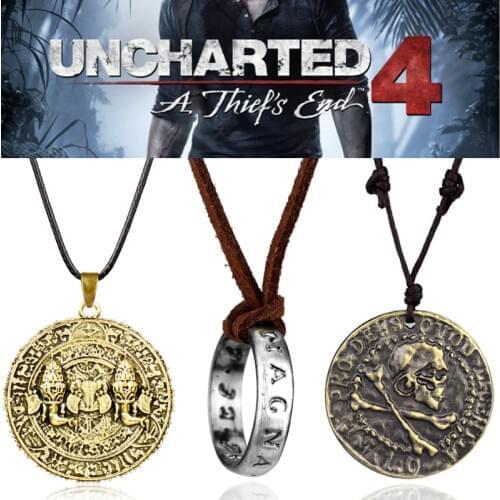 Uncharted 4 necklace Drake Skull Gold Coin Pendant Necklace Mens Game Jewelry Leather Rope Cord Chain Charm Necklaces