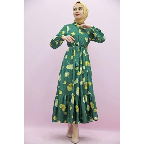 New Season Muslim Fashion Hijab Summer Clover Flower Satin Dress Emerald