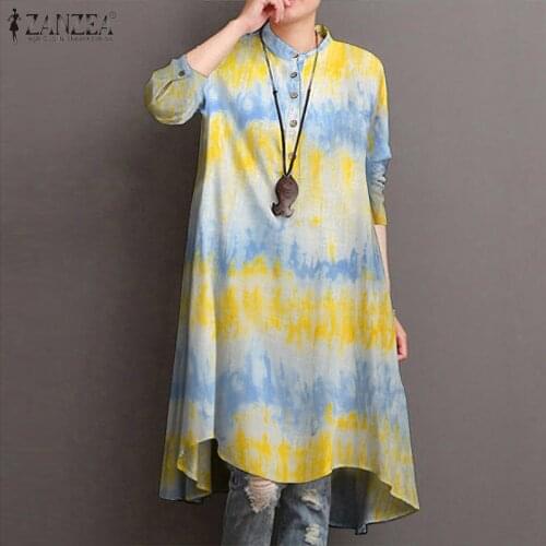 2021 Autumn Long Sleeve Blouse ZANZEA Fashion Tie Dye Print Shirt Womens Asymmetrical Blusas Female Tunic Casual Tops