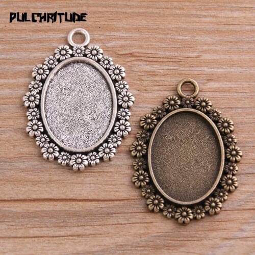 4pcs 18*25mm Inner Size Two Color Metal Alloy Simple Plant Flowers Oval Cabochon Pendant Setting Jewelry Findings