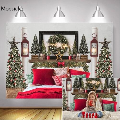 Merry Christmas Photography Backdrop for Party Christmas Trees Fireplace Winter Bedroom Background Deocration Portrait Photocall