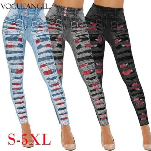 Rose Print Denim Sports Imitate Jeans Legging Push Up Fashion Pants High Waist Workout Jogging for Women Athleisure Leggings 5XL